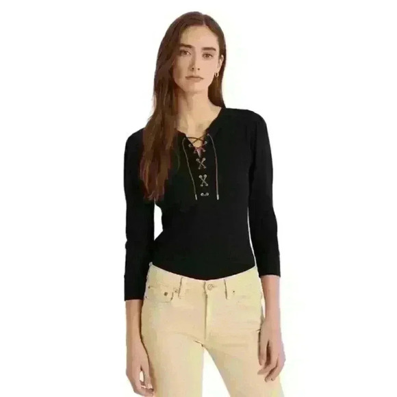 Lauren Ralph Lauren long sleeve top size M Petite Lace-Up Waffle-Knit cream - Picture 1 of 6